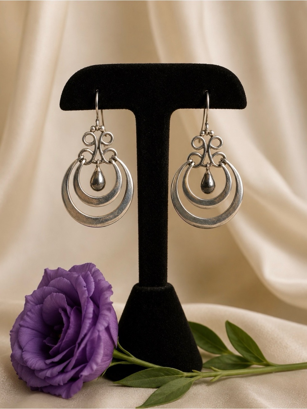 Earrings 925 Solid Sterling Silver Double-Hoop Teardrop Dangle 11 Grams